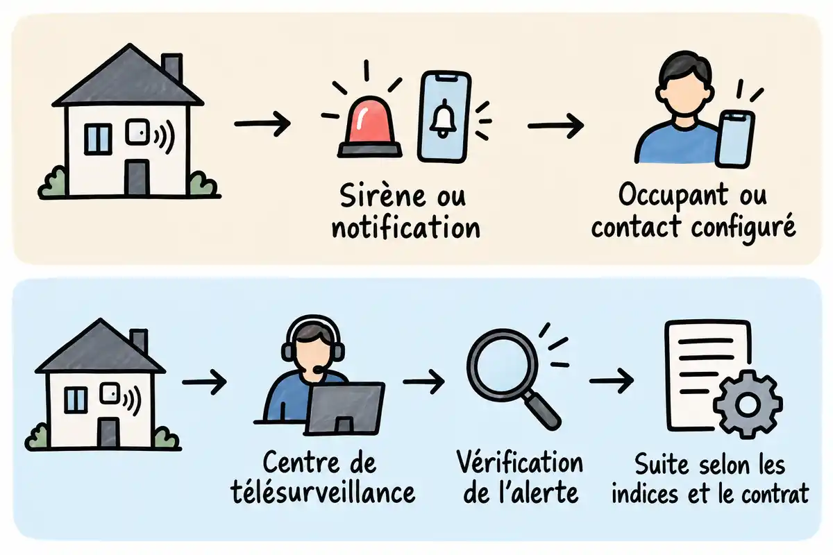 Une alerte peut prévenir l’occupant ou un contact, ou être vérifiée par un centre avant une suite déterminée selon les indices et le contrat.