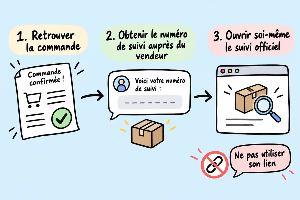 La vérification indépendante suit trois étapes : retrouver la commande, demander le suivi au vendeur, puis consulter soi-même le suivi officiel.