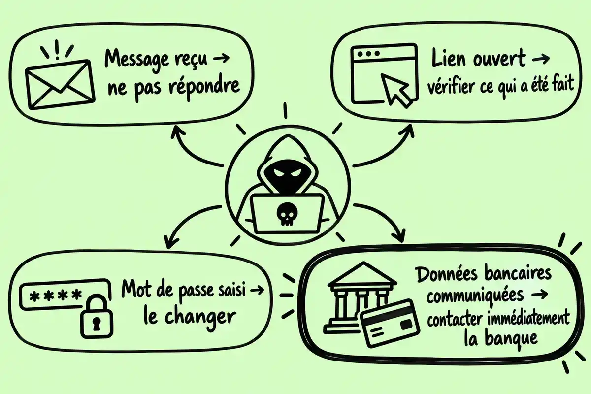 La réaction dépend de ce qui a été fait : vérifier après un clic, changer un mot de passe saisi et contacter la banque après transmission de données bancaires.