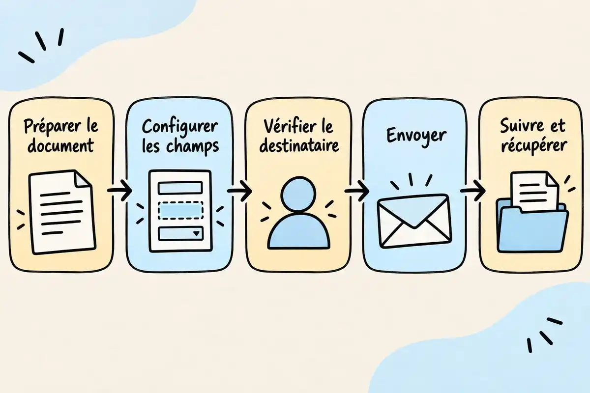 Préparer le fichier, configurer les champs, vérifier le destinataire, envoyer puis retrouver le document et les traces associées.