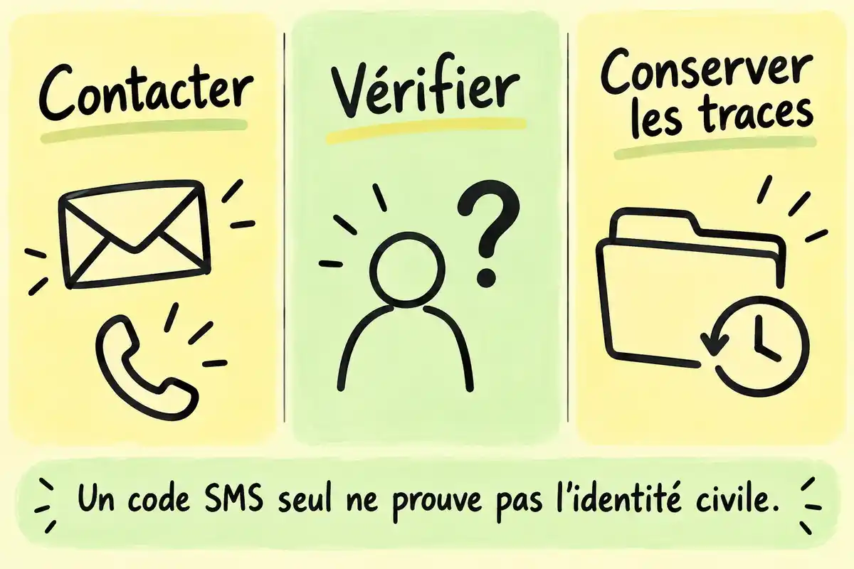 Contacter le signataire, vérifier son identité selon le risque et conserver les traces sont des étapes distinctes ; un code SMS seul ne prouve pas son identité civile.