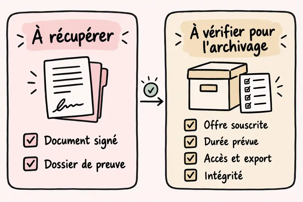 Le document signé et son dossier de preuve sont à récupérer ; leur archivage dépend aussi de l’offre, de la durée, de l’accès, de l’export et de l’intégrité.