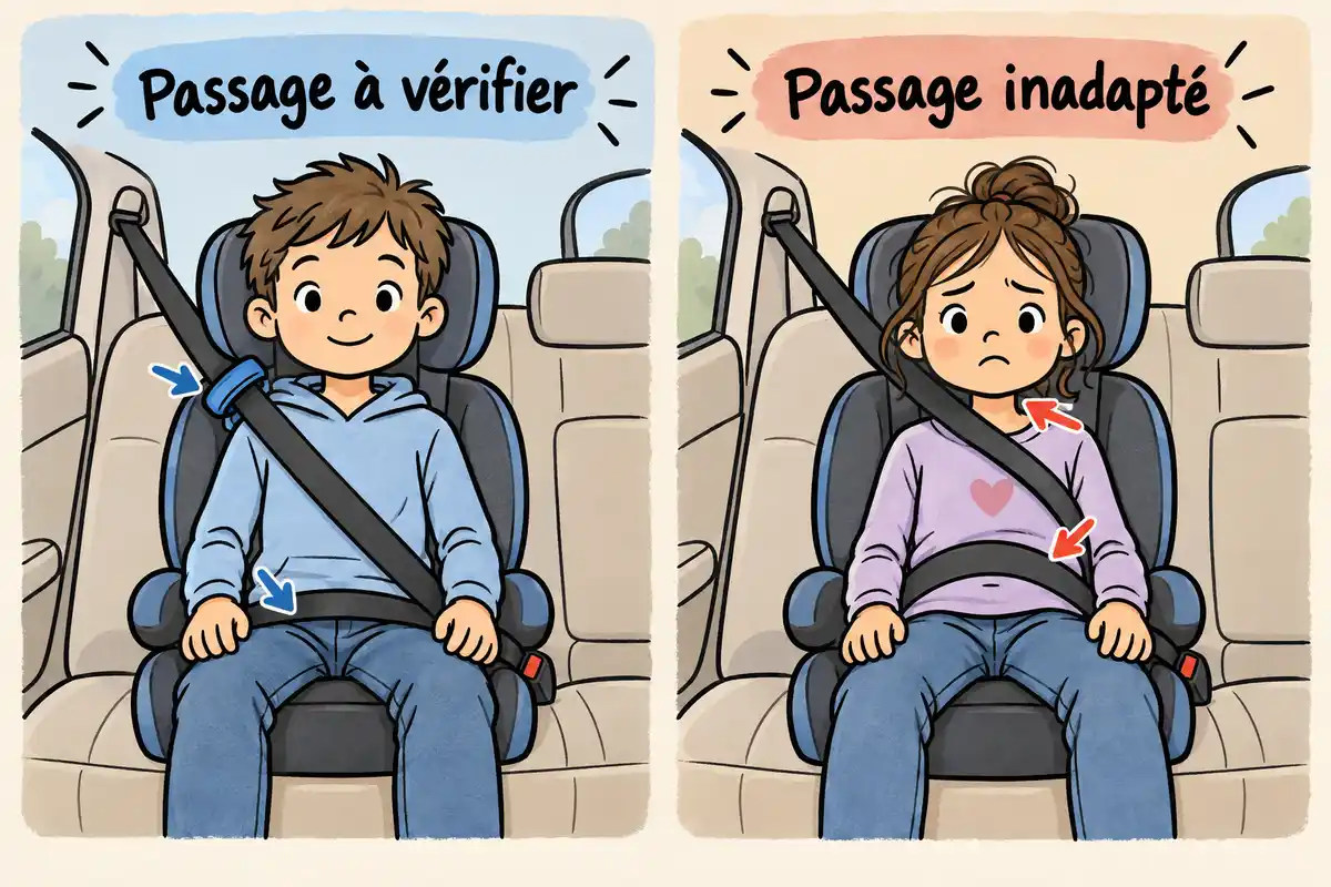 La ceinture passe au milieu de la clavicule et bas sur les hanches ; elle est inadaptée si elle touche le cou et traverse le ventre.