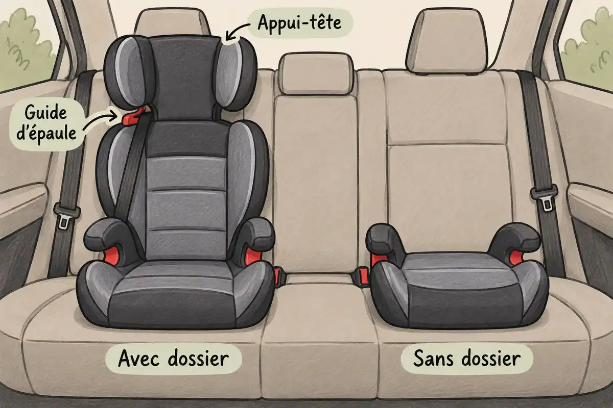 Le modèle avec dossier offre un appui-tête, des côtés et un guide d’épaule, absents du rehausseur sans dossier.
