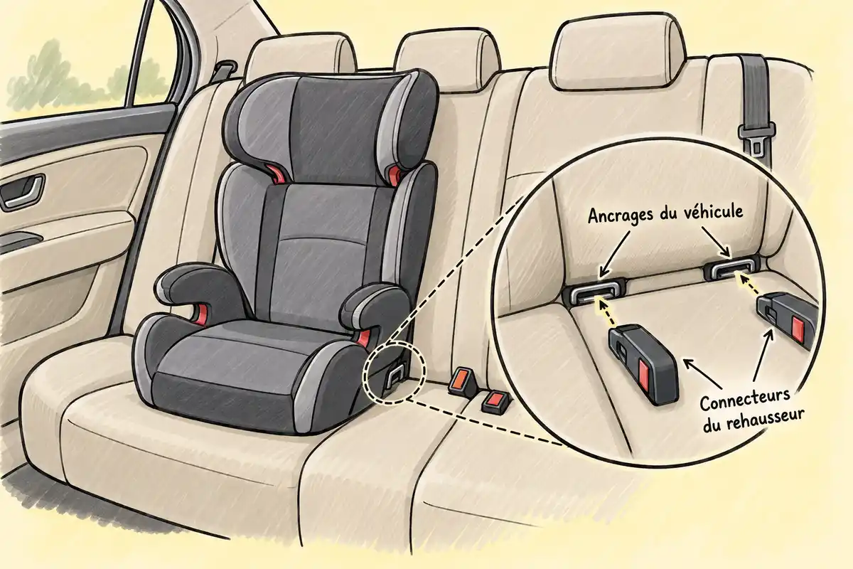 Les ancrages Isofix se trouvent à la jonction de la banquette ; vérifiez dans les notices si le rehausseur a les connecteurs adaptés.
