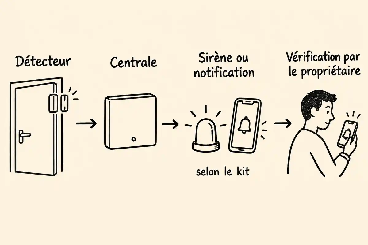 Le détecteur déclenche la chaîne d’alerte ; le propriétaire vérifie la notification, puis décide de la suite ou prévoit un relais.