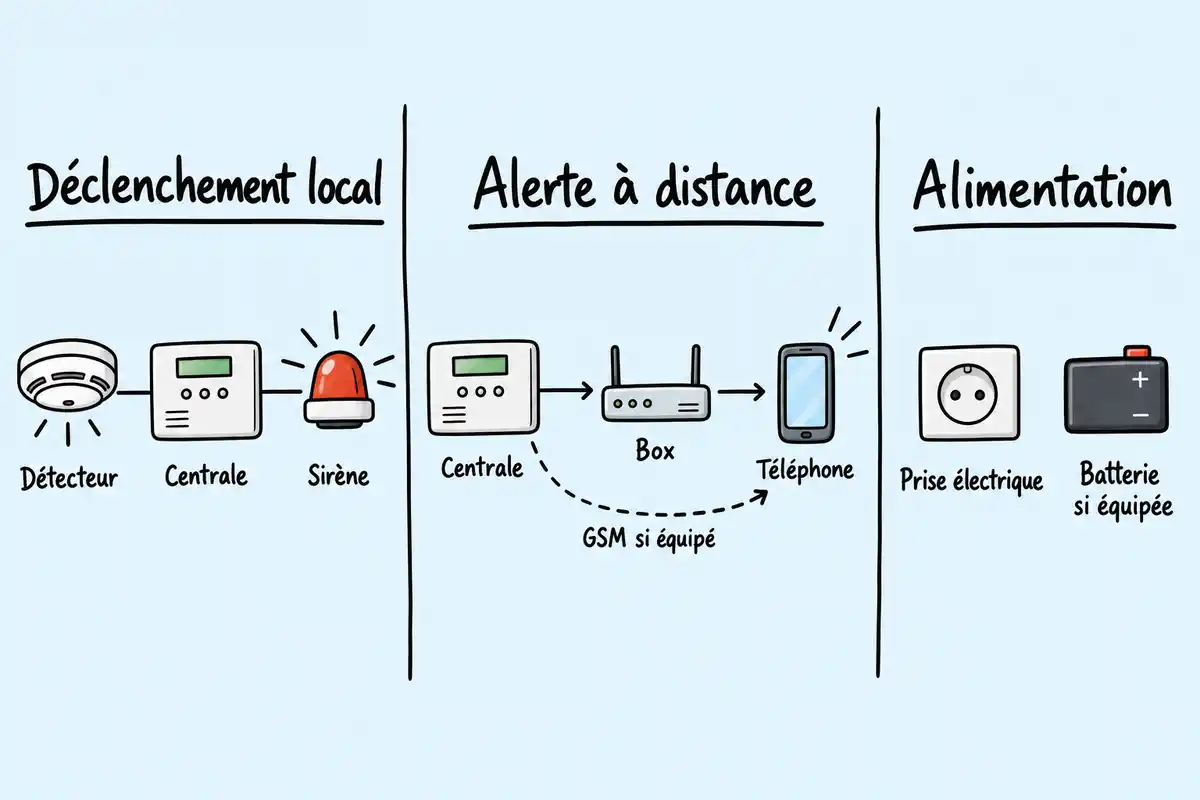 Déclenchement local, transmission à distance et alimentation de secours sont trois fonctions distinctes, chacune dépendante de l’installation.