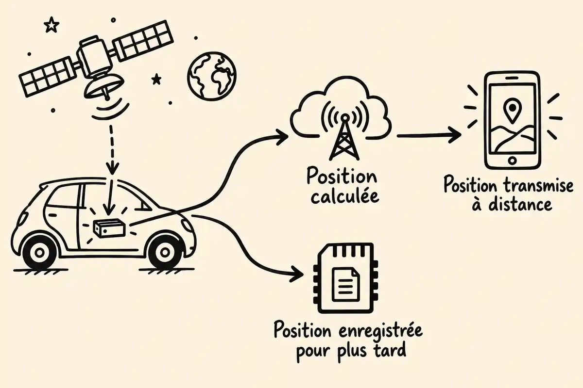 Le GPS calcule la position d’une voiture, mais sa transmission à distance exige un réseau ; sans envoi, l’appareil peut la garder en mémoire.