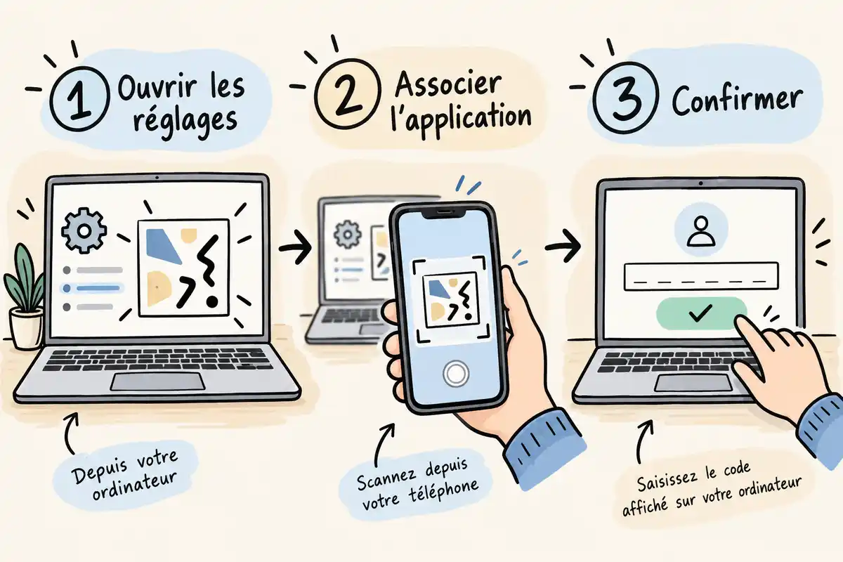 Associer une application d’authentification aux réglages du compte, puis confirmer l’accès avec le code demandé.