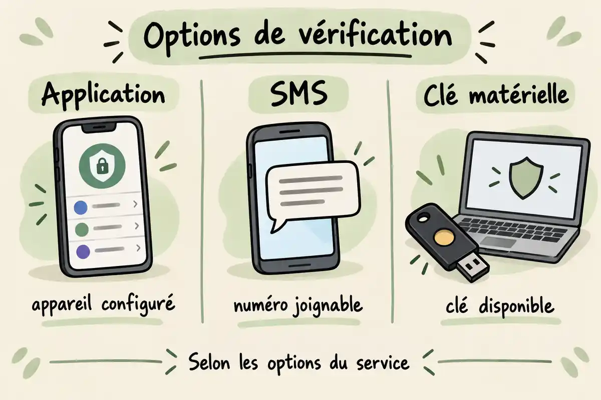 Le choix entre application, SMS et clé matérielle dépend des appareils accessibles et des options proposées par le service.