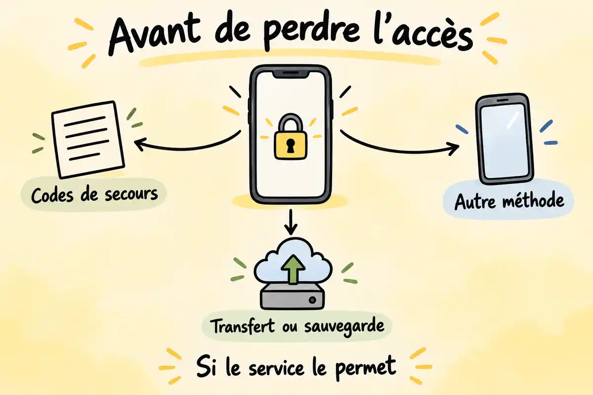 Préparer avant la perte de l’appareil principal une solution de secours accessible, si le service propose codes, autre méthode ou transfert.