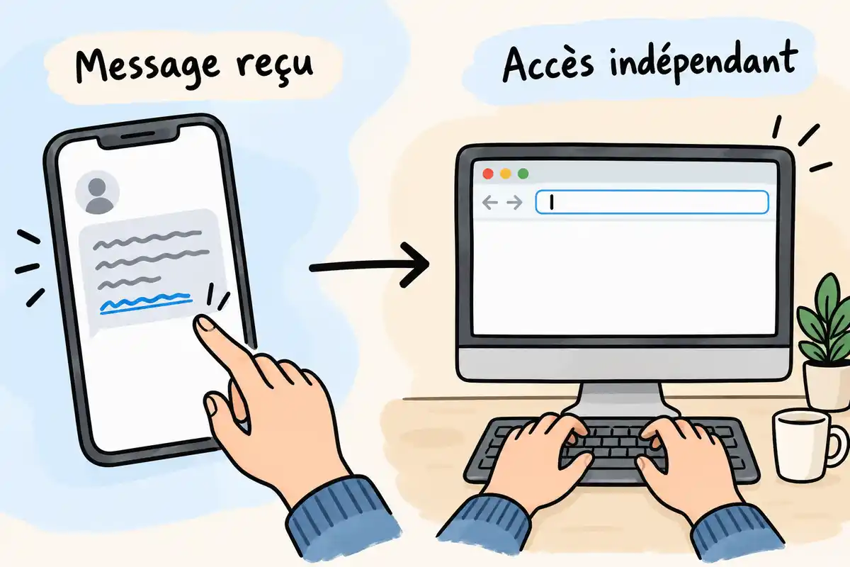 Pour accéder au service officiel, ignorez le lien reçu et saisissez vous-même son adresse ou retrouvez-le depuis un portail public connu.
