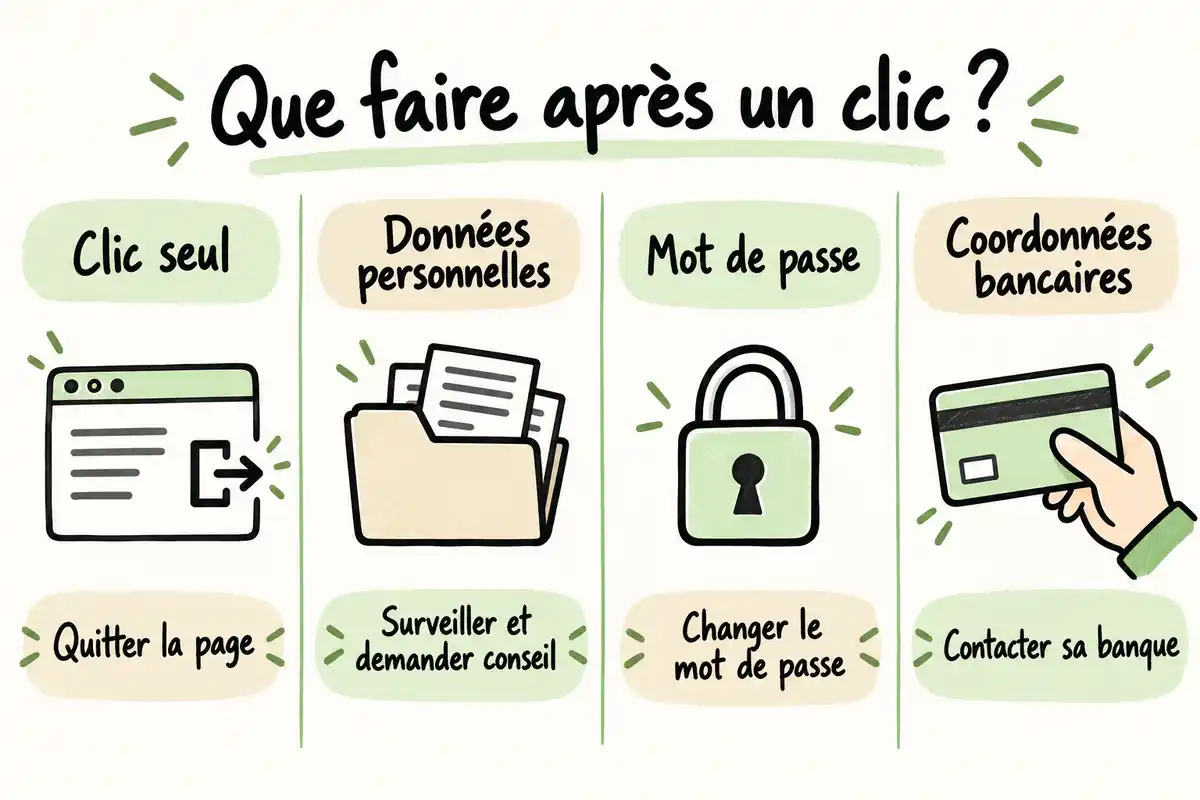 La première réaction dépend des données exposées : quitter la page, surveiller ses informations, changer le mot de passe ou contacter sa banque.