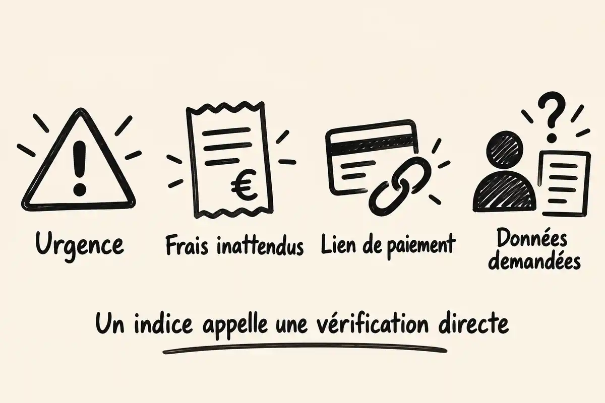 Urgence, frais inattendus, lien de paiement et demande de données sont des indices à vérifier, sans suffire à trancher seuls.