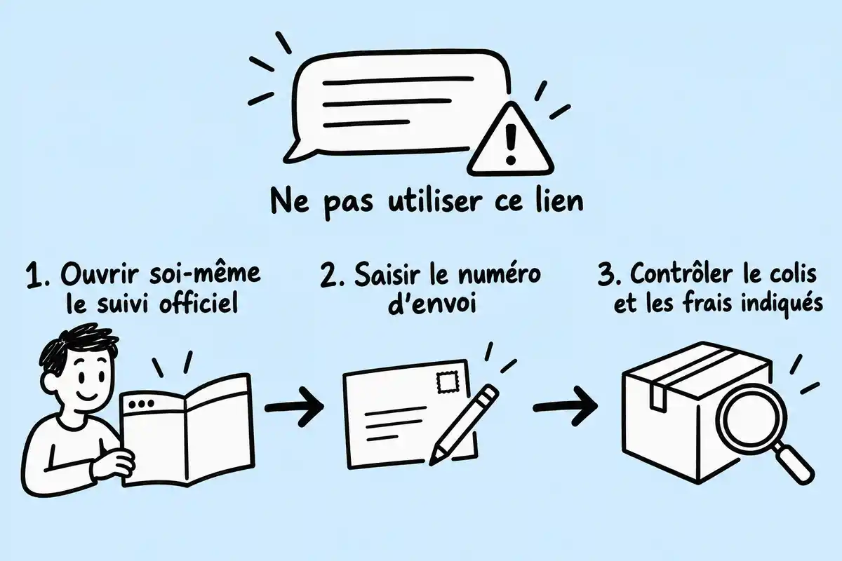 Vérifier un envoi en ouvrant soi-même le suivi officiel, en saisissant le numéro puis en contrôlant le colis et les frais, sans utiliser le lien reçu.