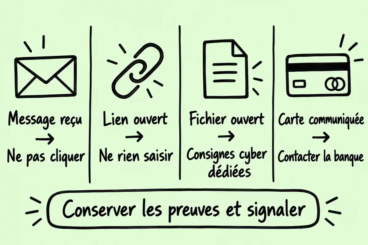Réagir selon l’étape : ne pas cliquer, ne rien saisir après le lien, suivre les consignes cyber pour un fichier, appeler la banque pour la carte.