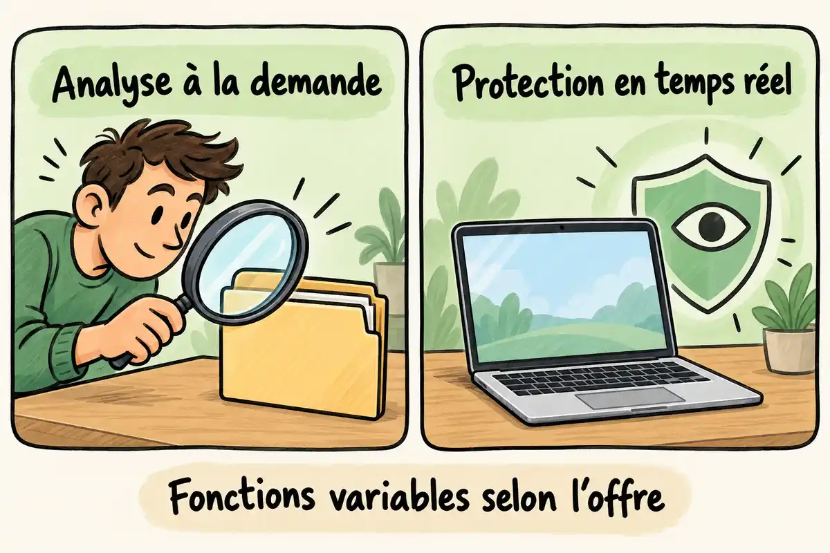 Un scan lancé à la demande examine ponctuellement des fichiers ; la protection en temps réel surveille le Mac en arrière-plan, selon l’offre.