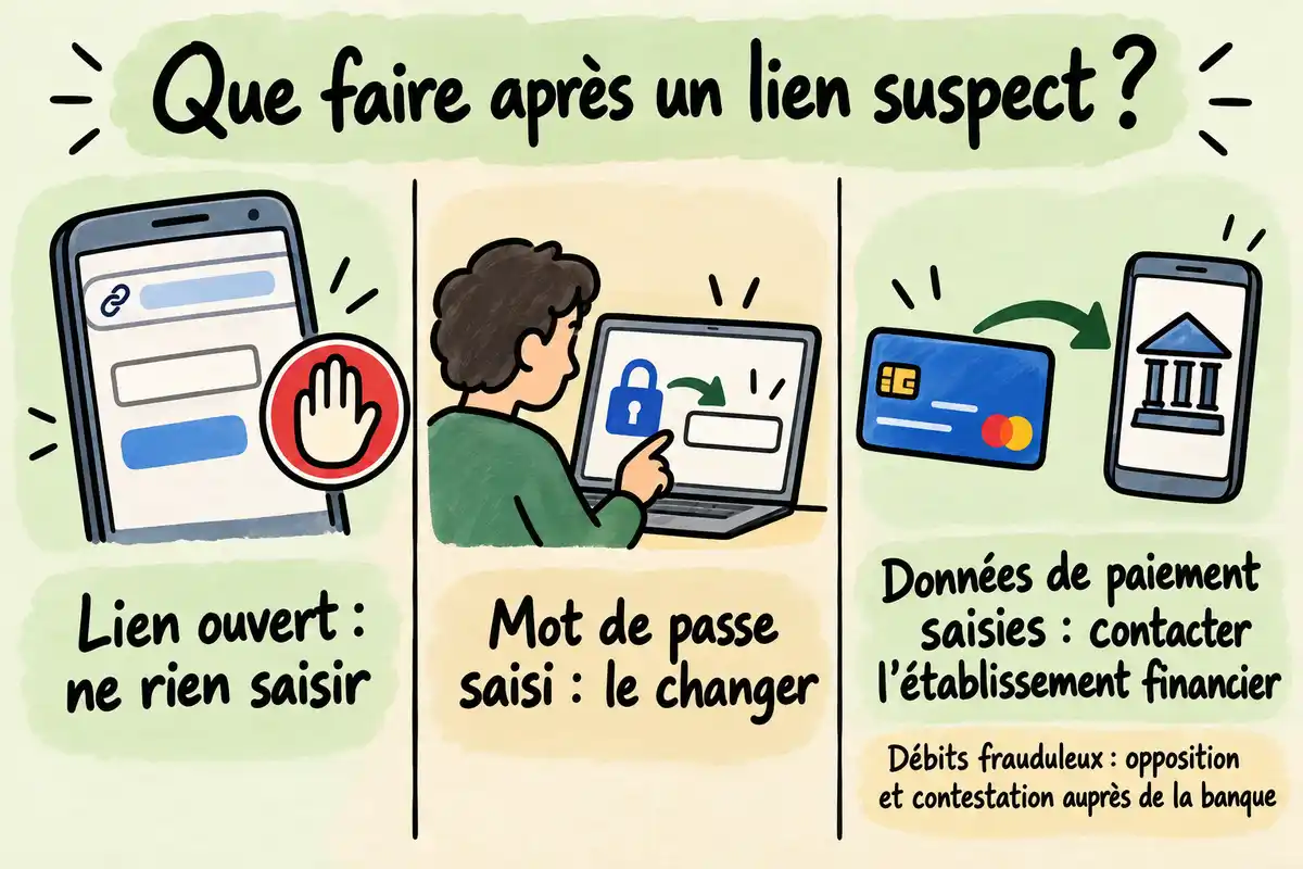 Après un lien suspect, ne rien saisir, changer le mot de passe divulgué ou contacter l’établissement financier selon les données transmises.