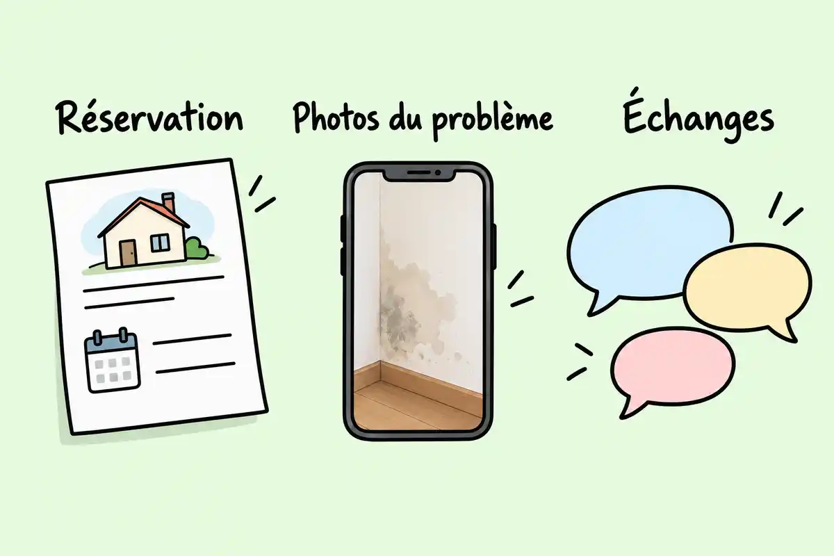 Après un problème de logement, réunir la réservation, des photos du défaut et les échanges aide à préparer un signalement factuel.