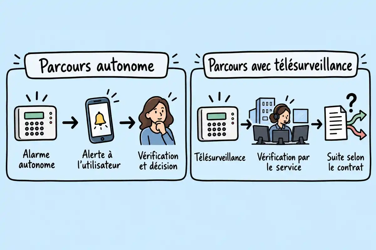 Après détection, l’alarme autonome alerte l’utilisateur qui vérifie et décide ; avec télésurveillance, la vérification et la suite dépendent du contrat.