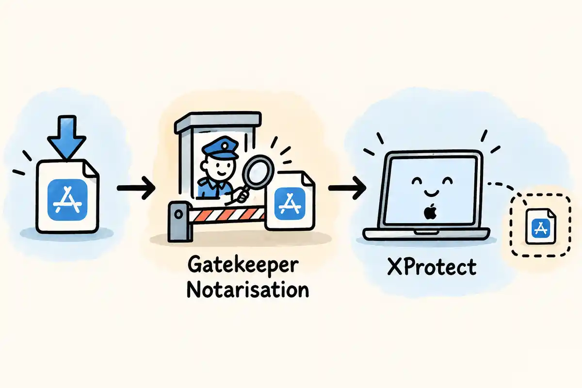 Gatekeeper et la notarisation contrôlent le lancement des apps, tandis que XProtect contribue à détecter certaines menaces sur le Mac.