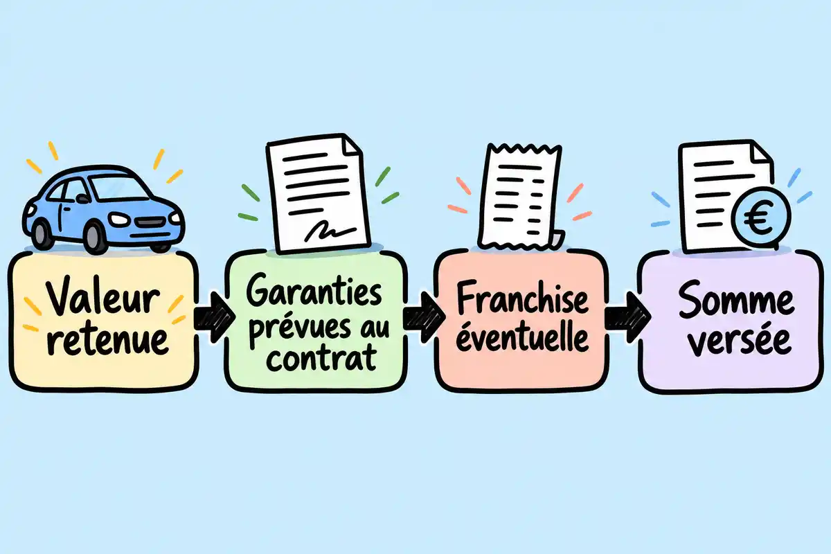 Le montant versé se lit à partir de la valeur retenue, des garanties prévues au contrat et d’une éventuelle franchise.