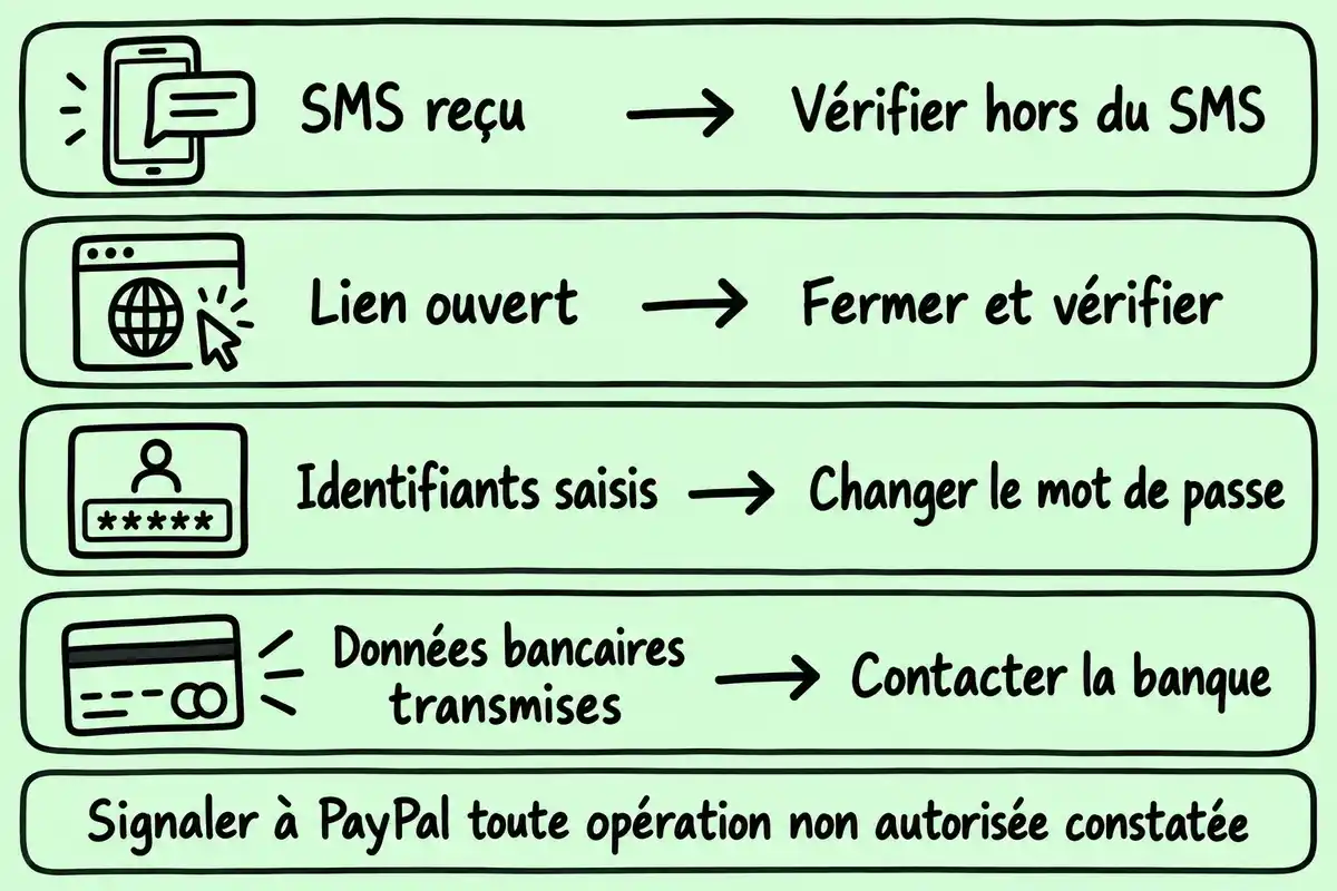 La réponse varie selon l’étape : vérifier après réception ou ouverture du lien, changer le mot de passe après saisie et contacter la banque après transmission bancaire.