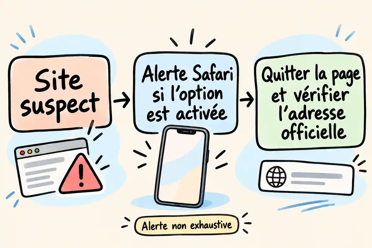 Face à un site suspect, Safari peut signaler un risque si l’option est active ; quittez la page et vérifiez l’adresse officielle.