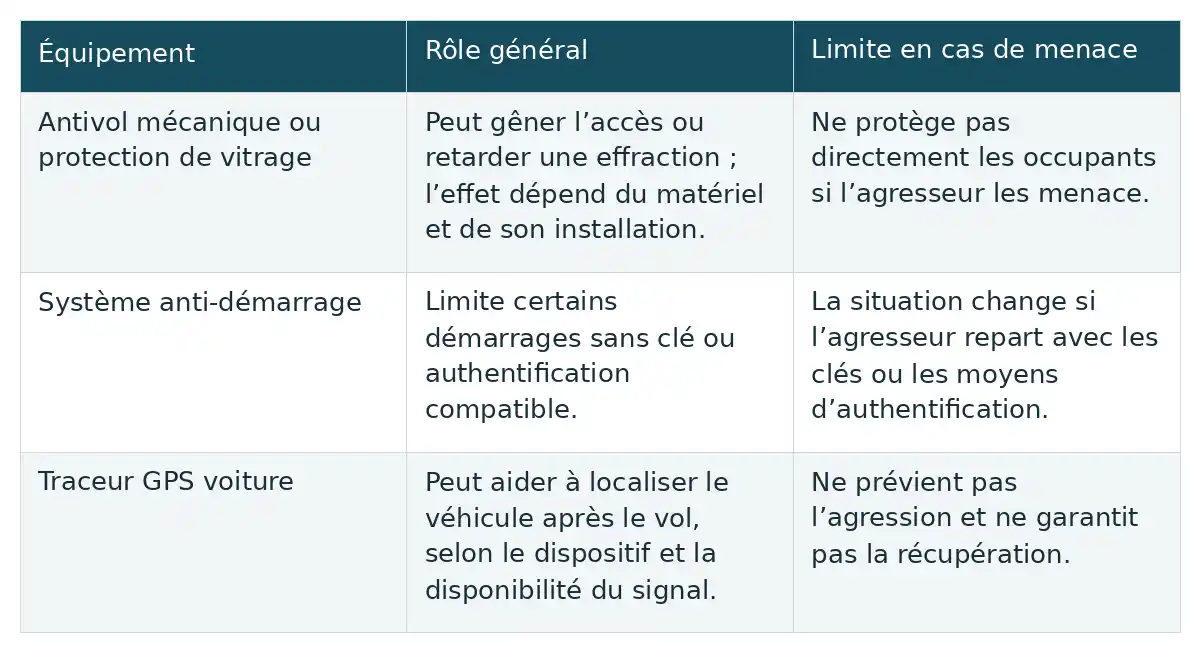 Le tableau compare les équipements selon leur rôle contre le vol et leurs limites lorsque les occupants sont menacés.