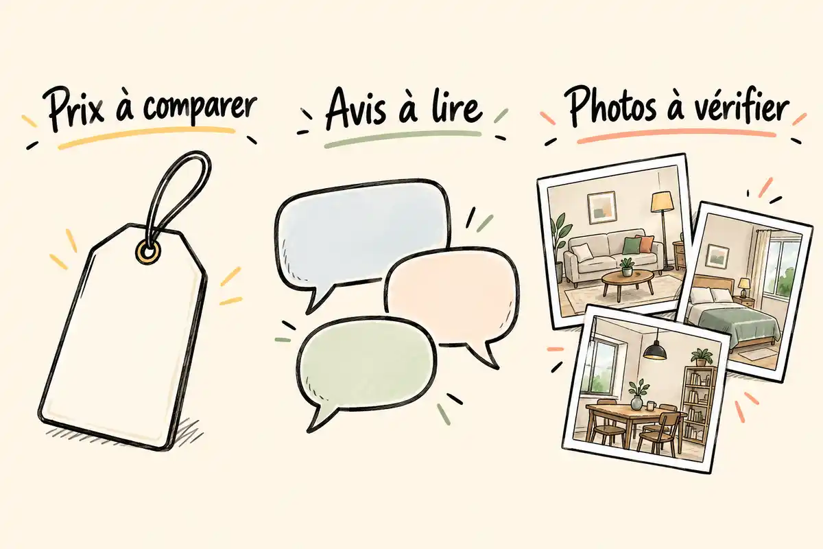 Prix, avis du profil et photos du logement sont à comparer pour repérer des incohérences avant de réserver.