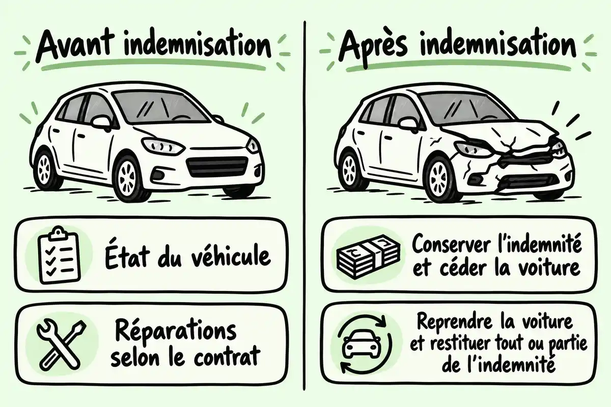 Si la voiture est retrouvée avant indemnisation, son état et les réparations sont examinés ; après, les options dépendent du contrat.