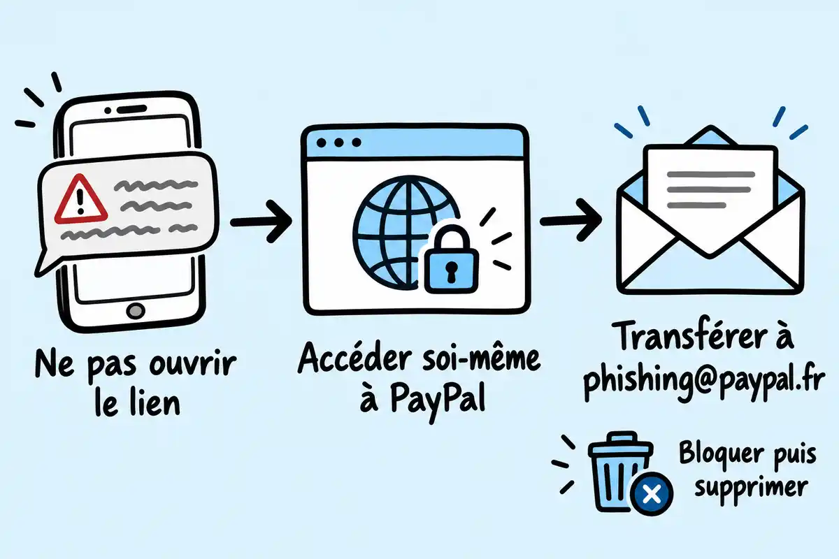 Pour vérifier un SMS douteux, accéder à PayPal indépendamment de son lien, puis transférer le message à phishing@paypal.fr.