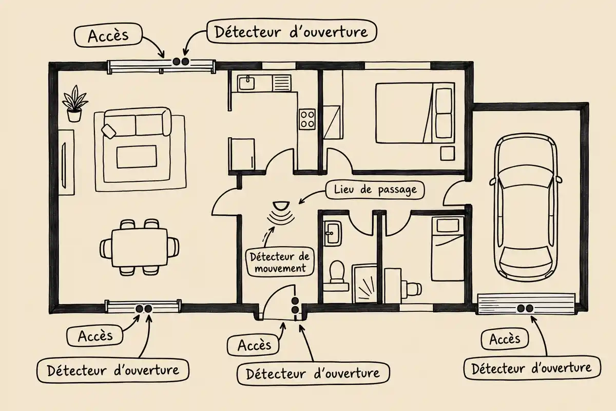 Repérage des accès à équiper selon le logement, avec détecteurs d’ouverture aux entrées et détecteur de mouvement dans un passage.