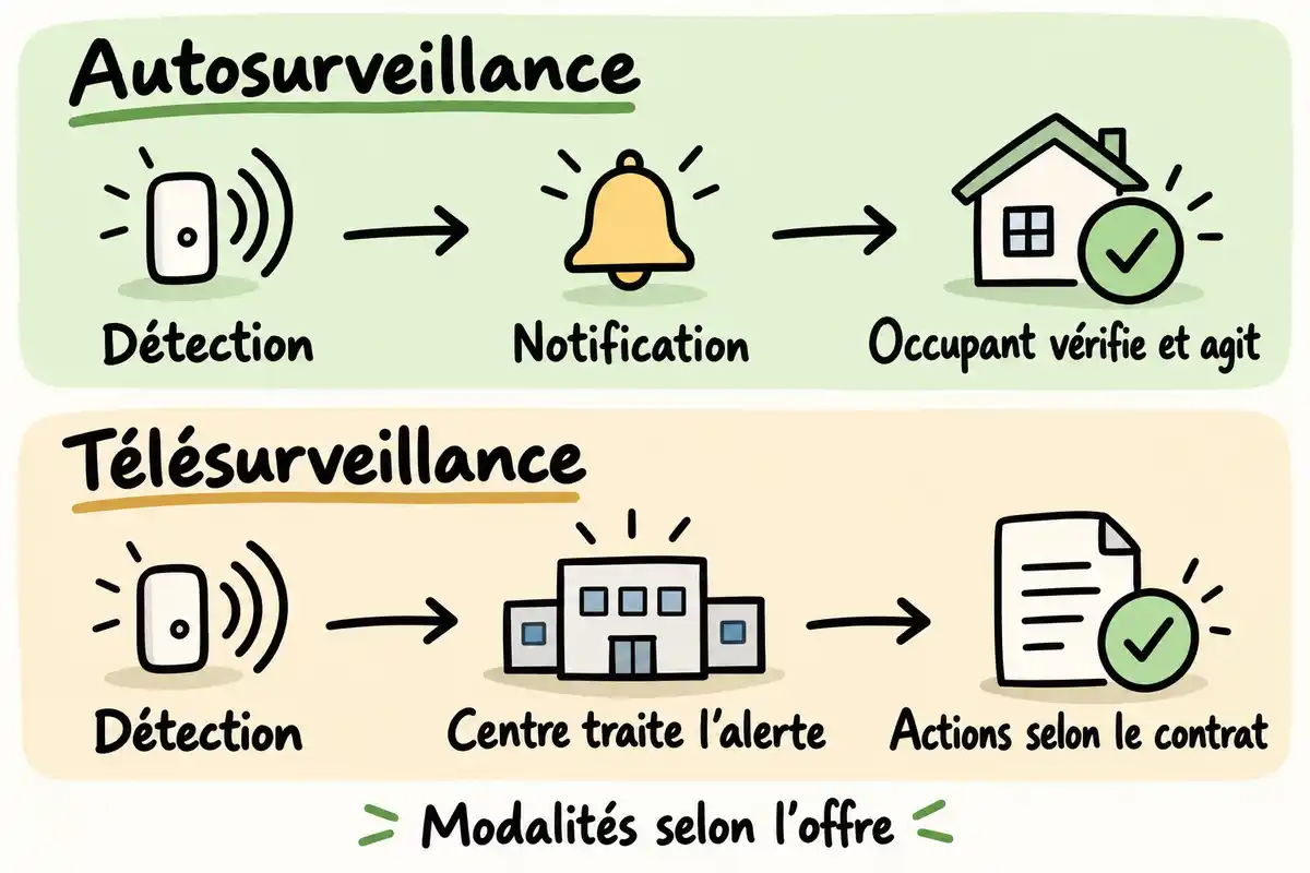En autosurveillance, l’occupant consulte l’alerte et décide de la suite ; en télésurveillance, un centre la traite selon l’offre.