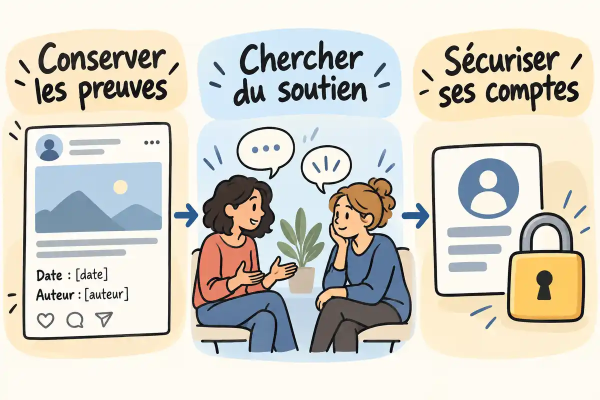 Conserver les preuves, chercher du soutien et sécuriser ses comptes forment un ordre de premiers gestes face au cyberharcèlement.