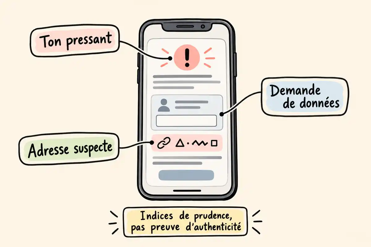 Ton pressant, demande de données et adresse suspecte sont des indices de prudence, sans suffire à authentifier un SMS PayPal.