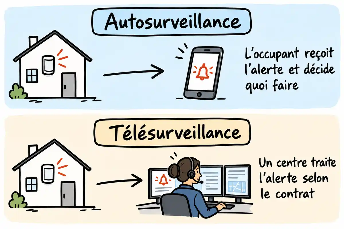 En autosurveillance, l’occupant reçoit et gère l’alerte ; en télésurveillance, un centre la traite selon le contrat.