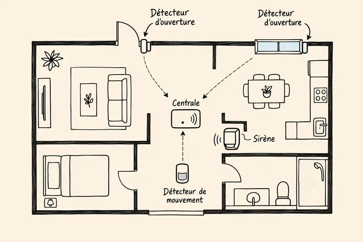 Les détecteurs d’ouverture signalent portes et fenêtres ouvertes à la centrale ; un détecteur de mouvement couvre un passage selon le logement.