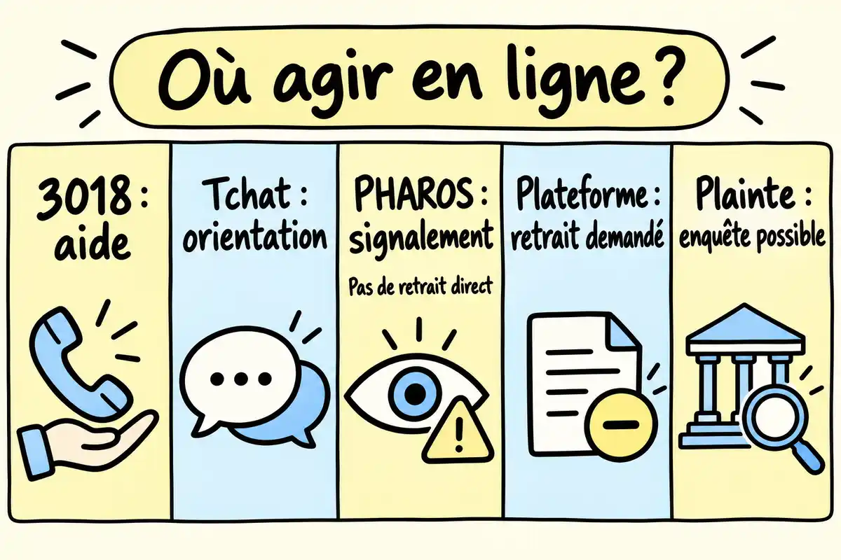 Écoute, orientation, signalement, demande de retrait et plainte répondent à des besoins distincts, sans garantir suppression ni suite judiciaire.