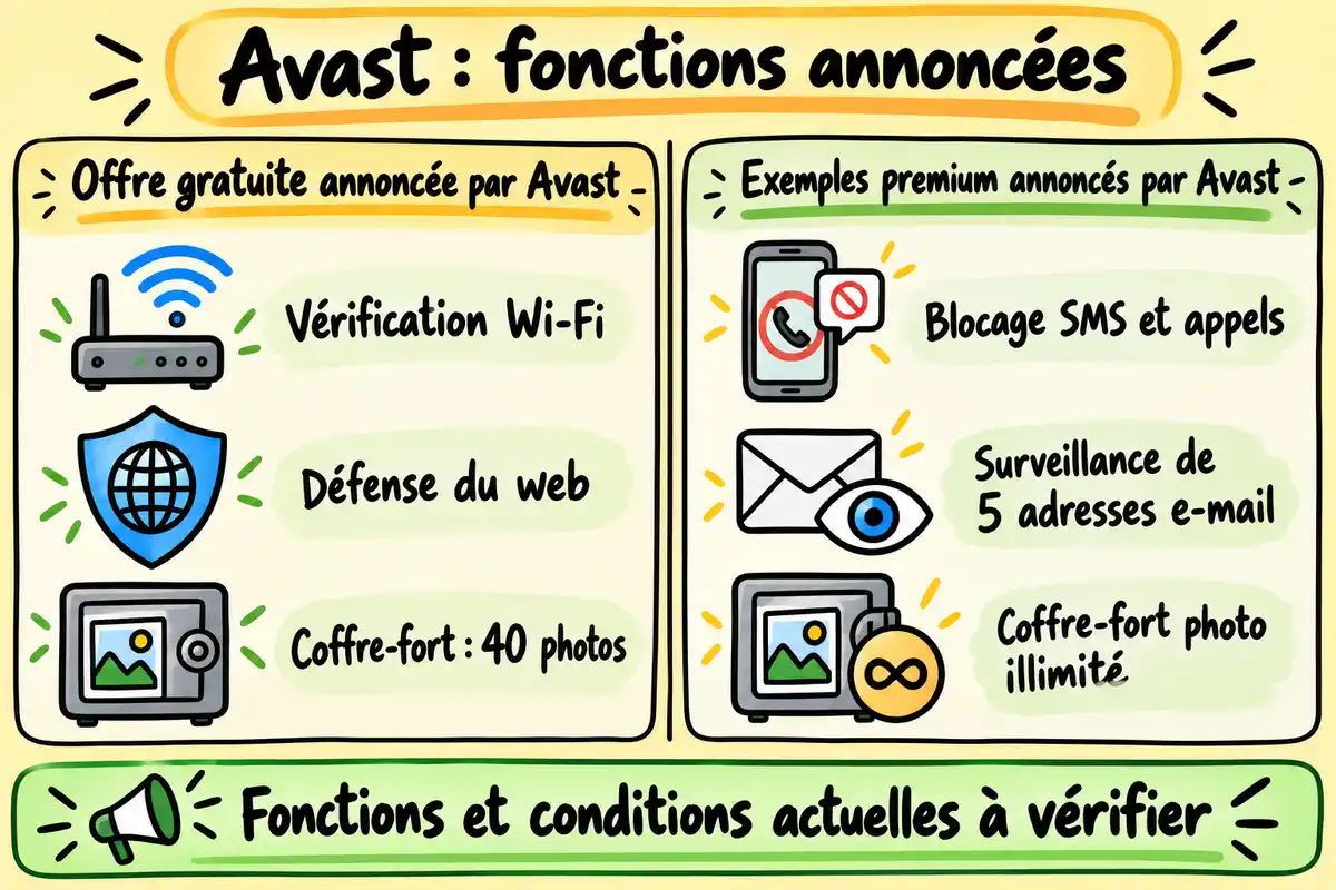 Les exemples annoncés distinguent les fonctions gratuites d’Avast des options premium, dont certaines sont présentées comme illimitées.
