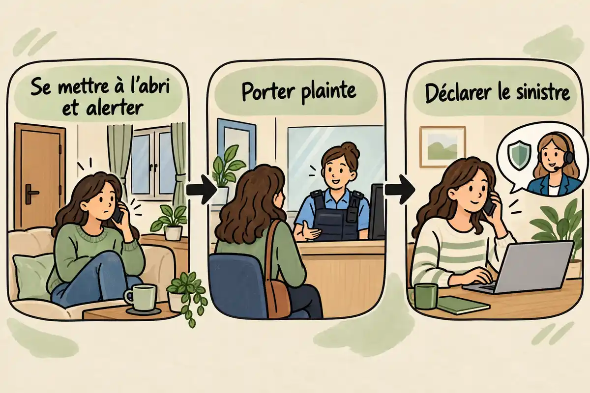 Après la menace, l’ordre proposé est de se mettre à l’abri et alerter, puis de porter plainte et déclarer le sinistre.