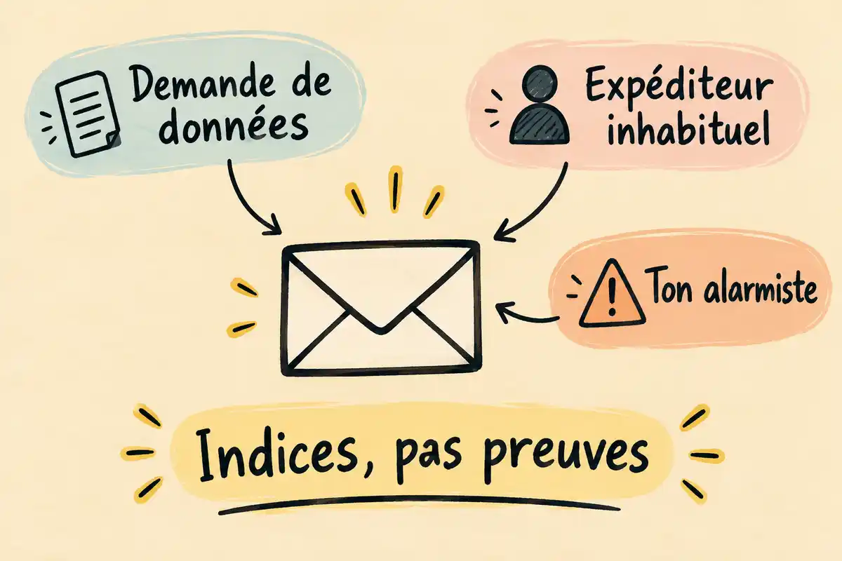 Une demande de données, un expéditeur inhabituel ou un ton alarmiste invitent à vérifier l’e-mail par un canal direct, sans prouver son origine.