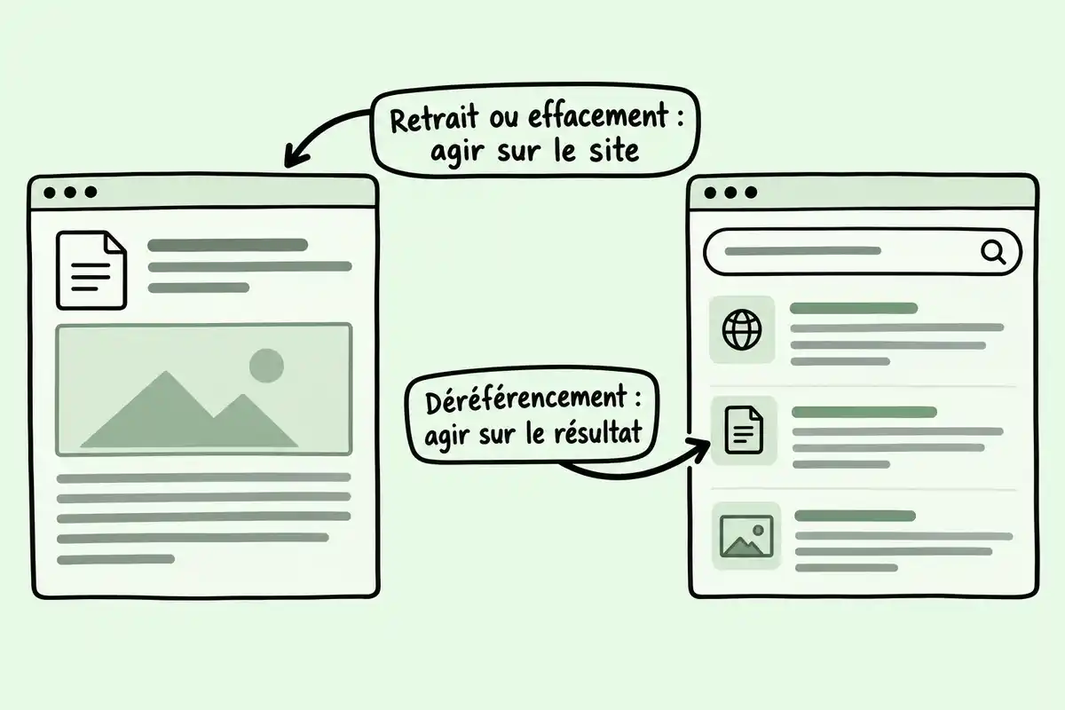 Le retrait ou l’effacement agit sur le site ou les données à la source ; le déréférencement vise leur présence dans les résultats de recherche.