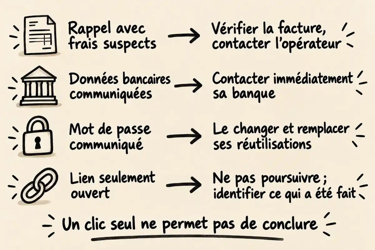 Rappel, données bancaires, mot de passe ou simple ouverture de lien : le premier geste dépend de ce qui s’est réellement passé.