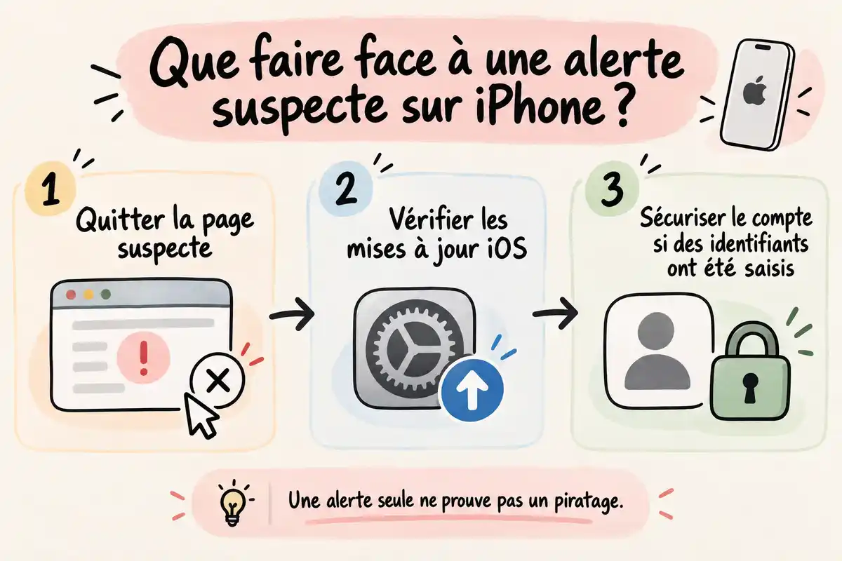 Après un lien suspect, quittez la page et vérifiez iOS ; sécurisez le compte si vous avez saisi des identifiants, car une alerte seule ne prouve pas un piratage.