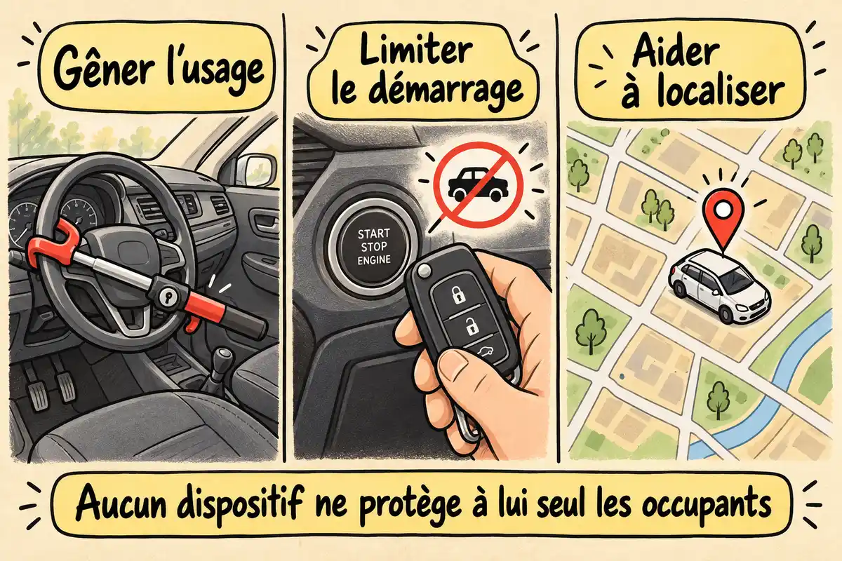 Les dispositifs peuvent gêner l’accès, limiter le démarrage ou aider à localiser la voiture, sans protéger à eux seuls les occupants.