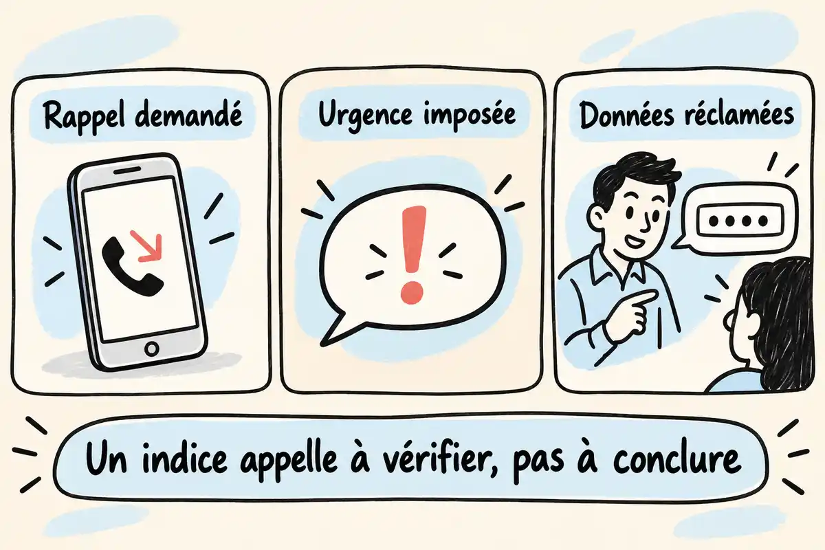 Rappel demandé, urgence imposée et données sensibles réclamées sont des alertes qui invitent à vérifier l’identité par un autre canal.