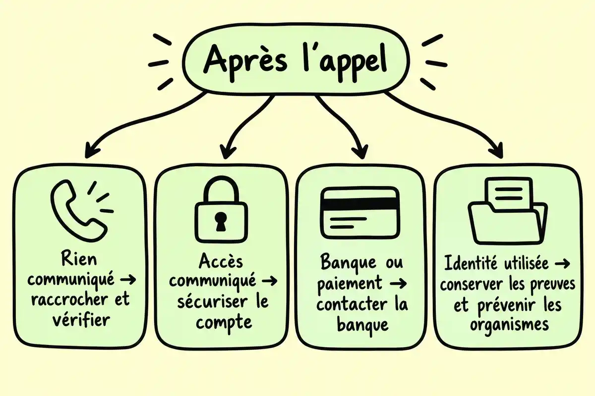 Après l’appel, la démarche varie selon ce qui a été exposé : vérifier la facturation, sécuriser un compte ou contacter l’organisme concerné.