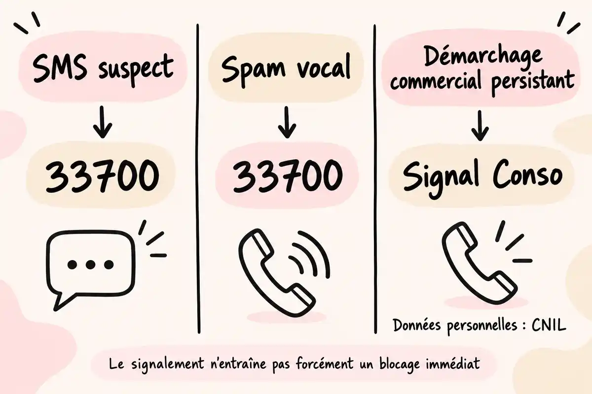 Un SMS suspect ou un spam vocal relève du 33700, le démarchage persistant de Signal Conso ; les questions de données personnelles renvoient à la CNIL.